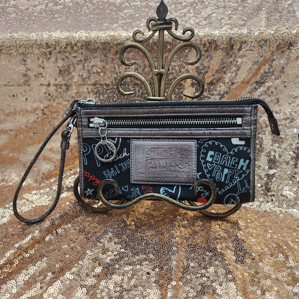 Coach Poppy Black Graffiti Wristlet